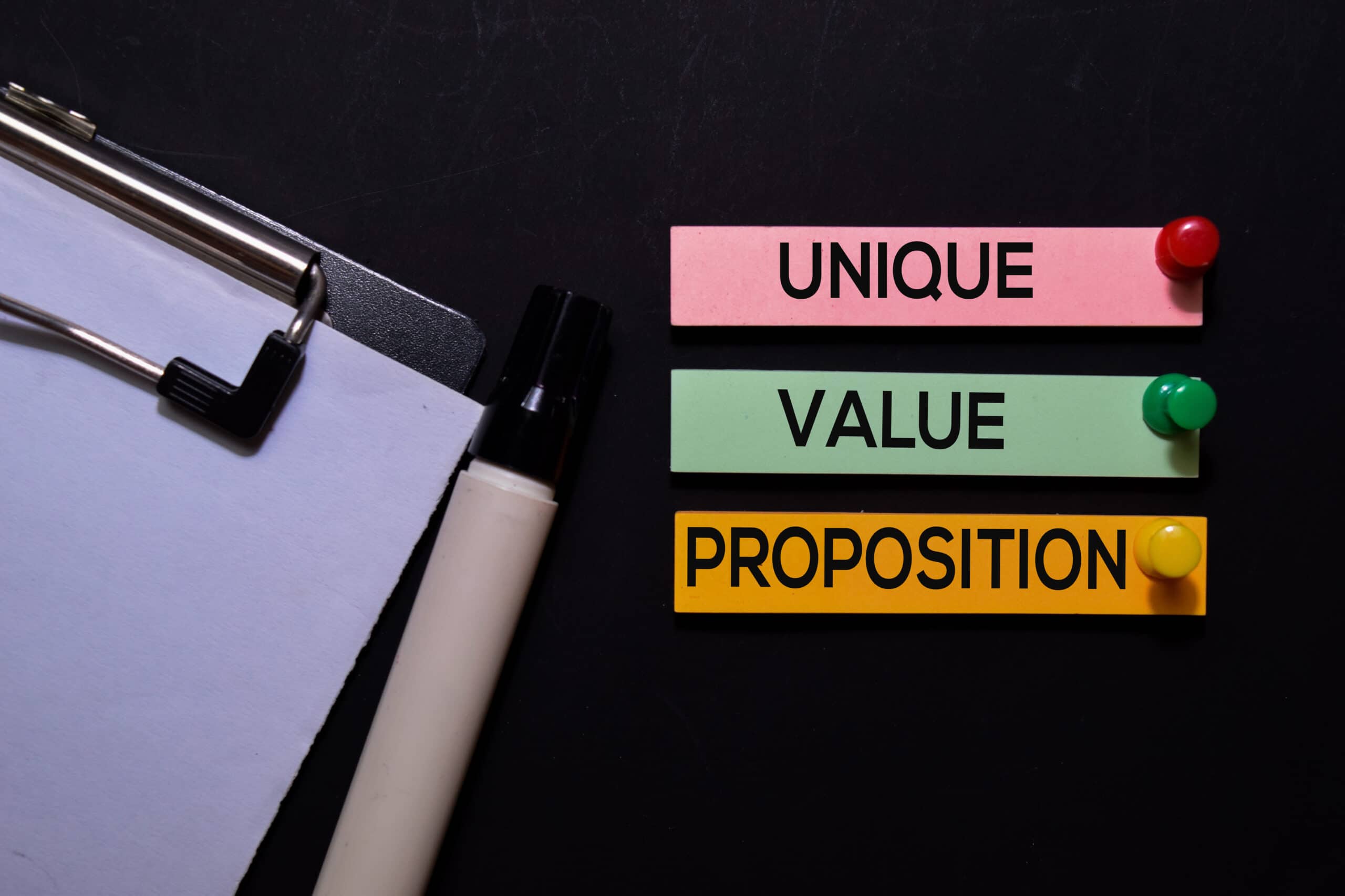 Multicolored sticky notes with text "Unique Value Proposition"